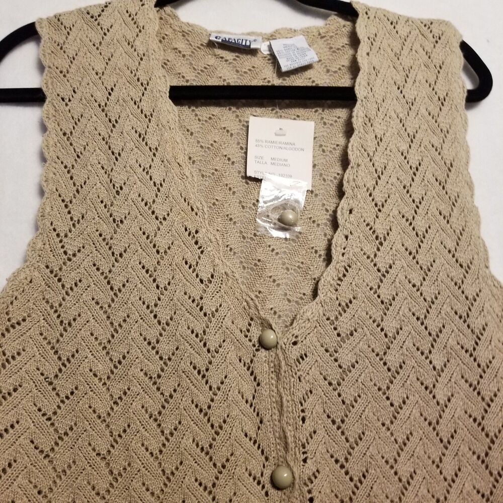 Capacity M Sweater Vest Tan Cotton Blend Crochet Bohemian Sheer Boho Vintage NEW - Picture 3 of 10